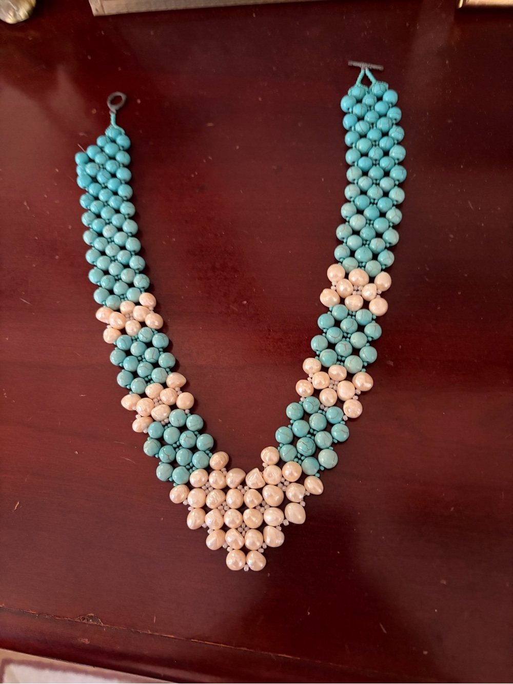 Handcrafted Turquoise & Cream Beaded Statement Necklace